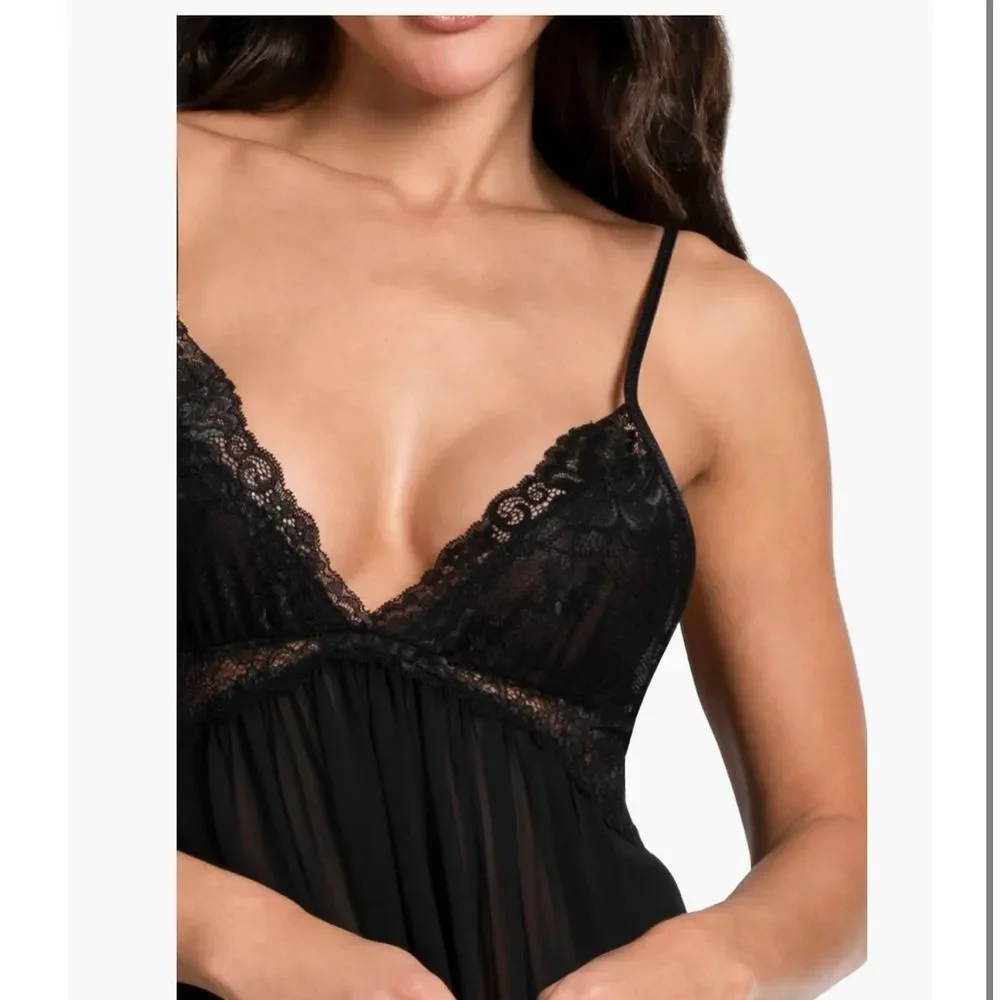 NWT In The Bloom Jonquil Black Lace Chiffon Nightgown